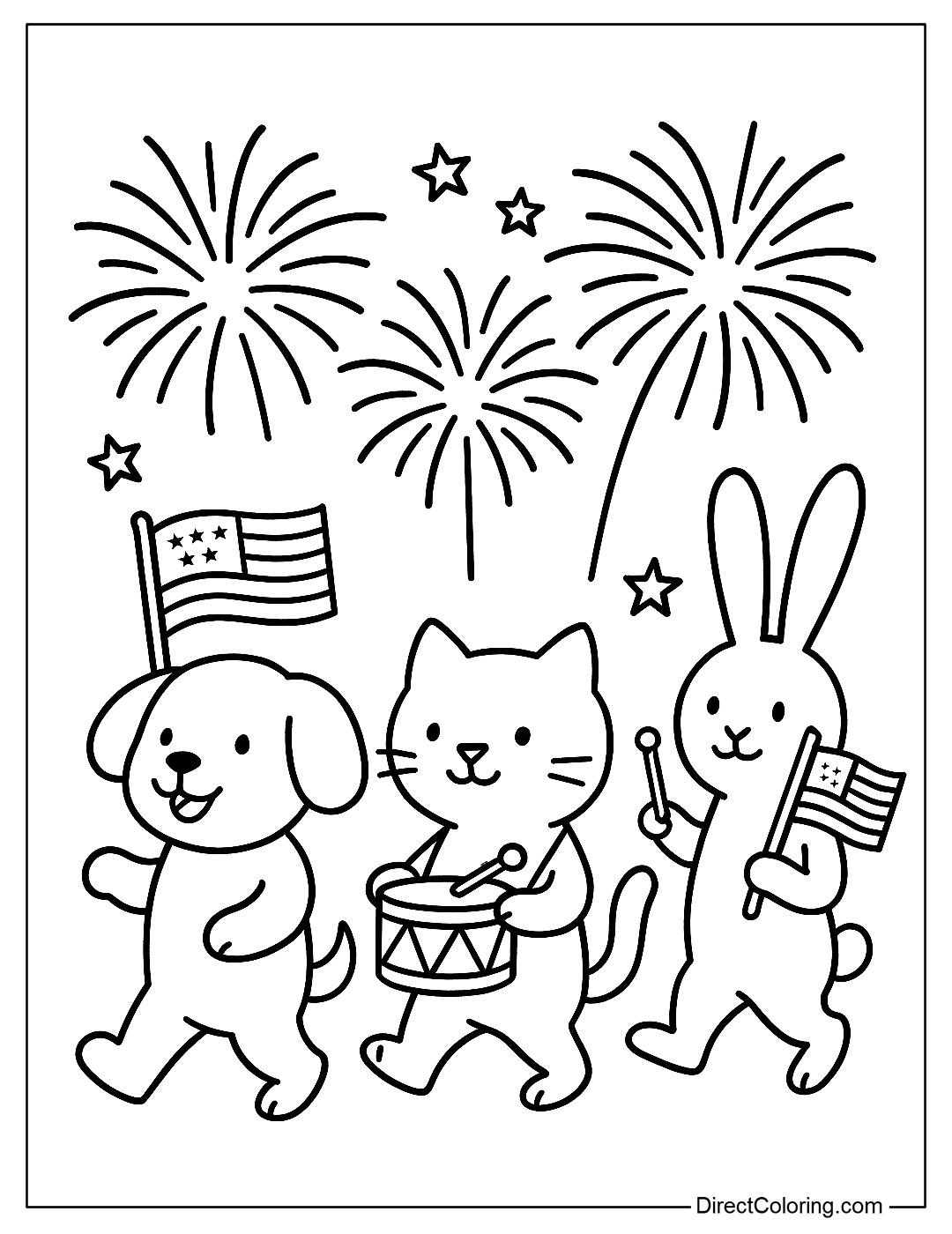 A dog, cat, and rabbit coloring page marching, holding a flag and a mini drum, with fireworks exploding in the background.